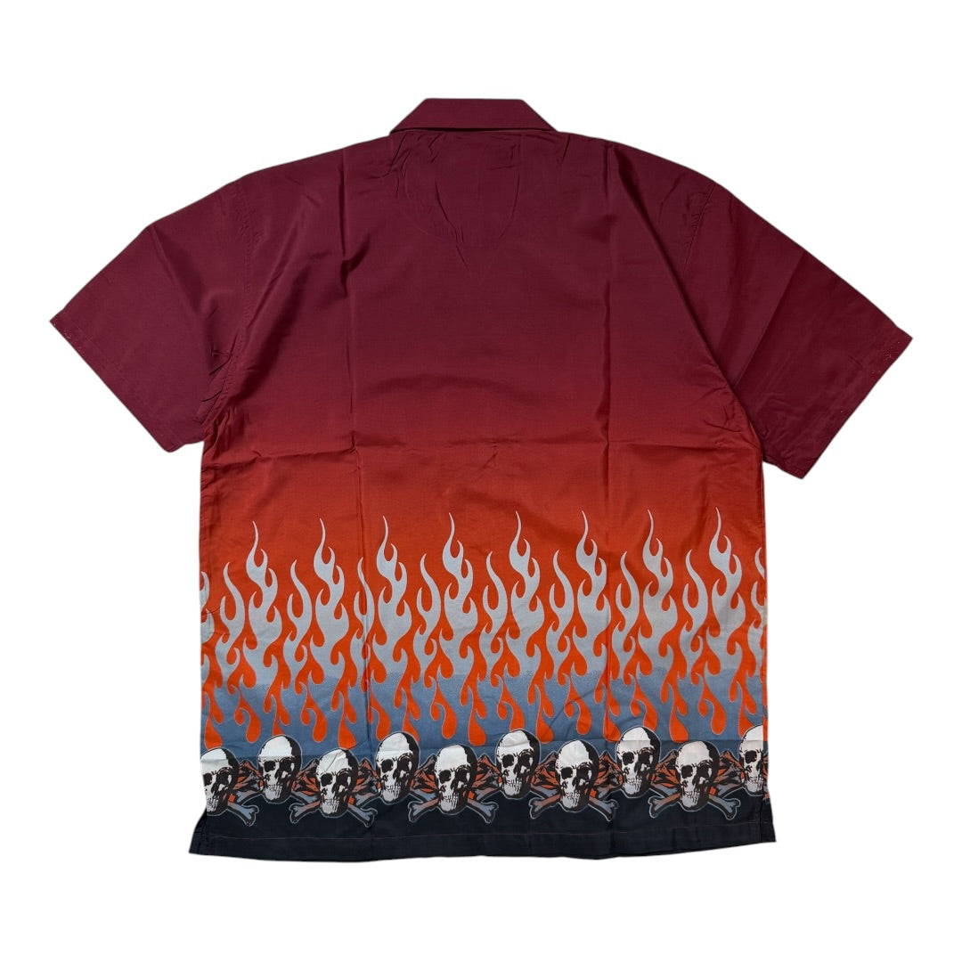 Y2K Flame Red Skull Button Up Shirt