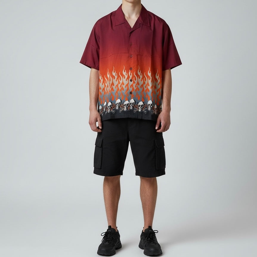 Y2K Flame Red Skull Button Up Shirt