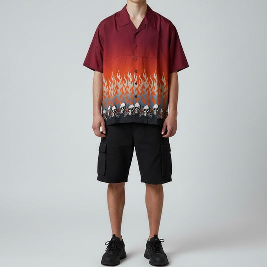 Y2K Flame Red Skull Button Up Shirt