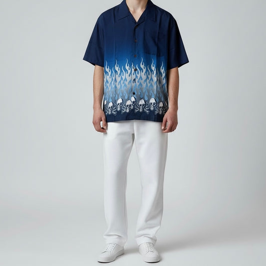Y2K Flame Blue Skull Button Up Shirt