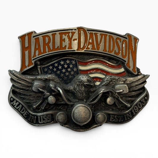 1991 Harley-Davidson Eagle & American Flag Enamel Belt Buckle