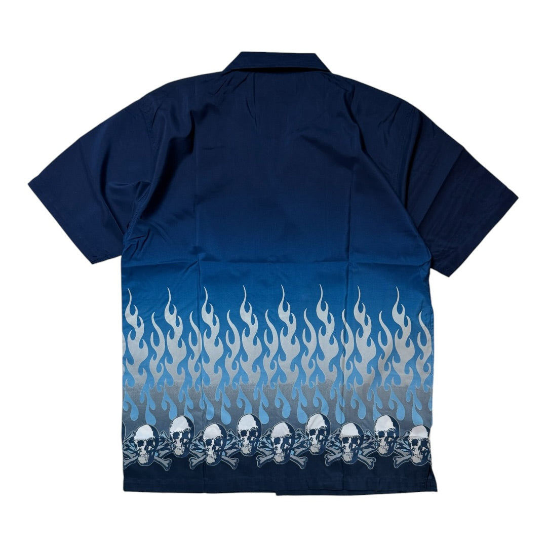 Y2K Flame Blue Skull Button Up Shirt