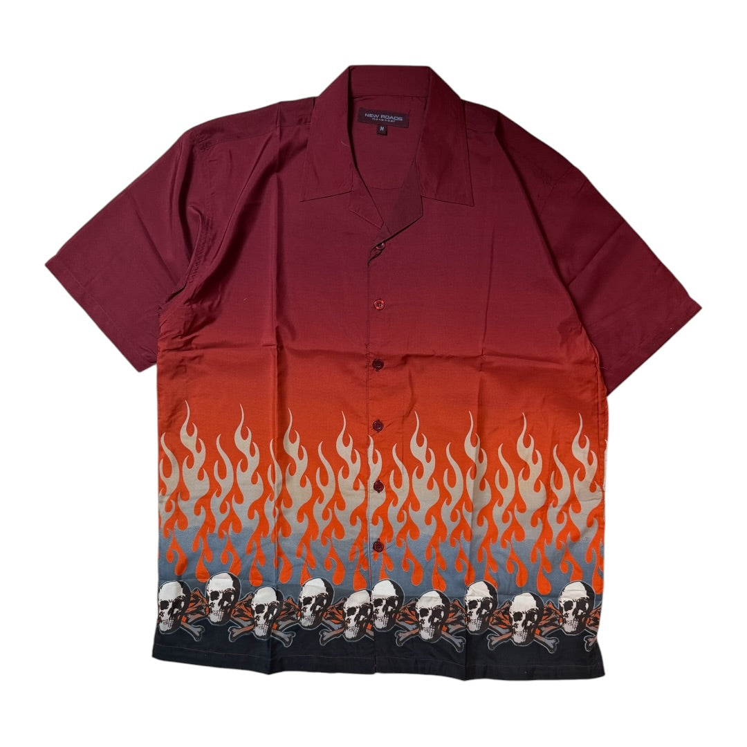 Y2K Flame Red Skull Button Up Shirt